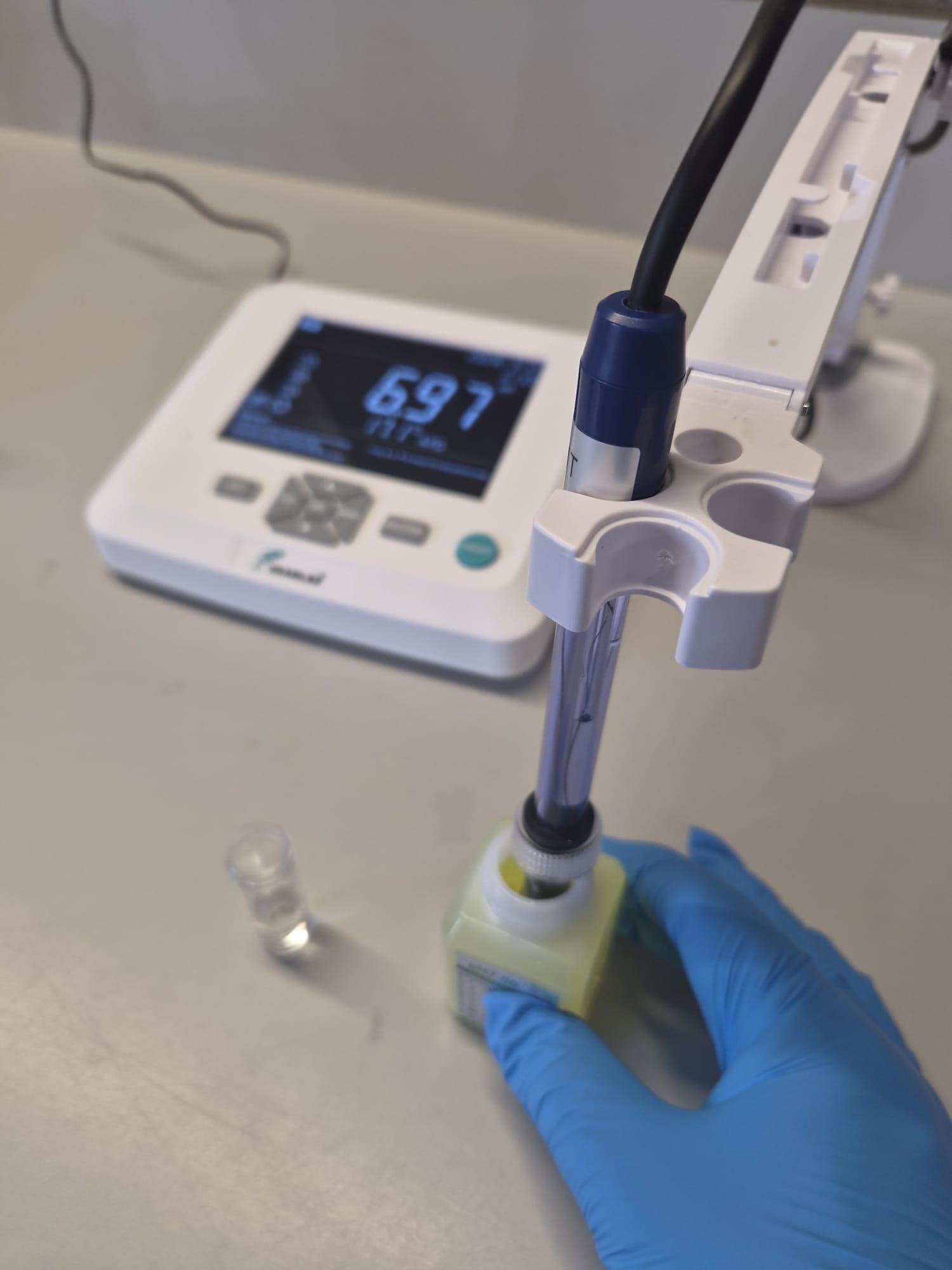 Bench pH meter reading a calibrated sample